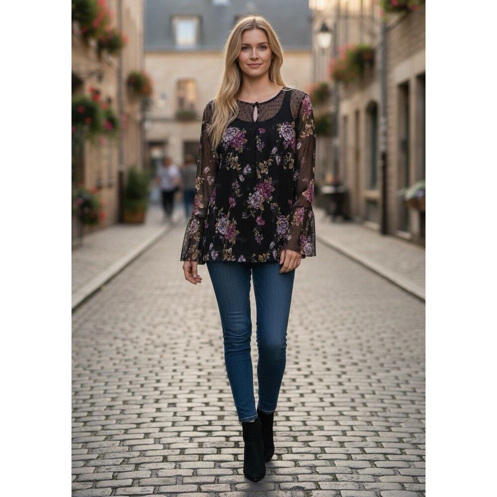 Jolt Floral Mesh Blouse Medium Black Swiss Dot Sheer Bell Sleeve Boho Romantic